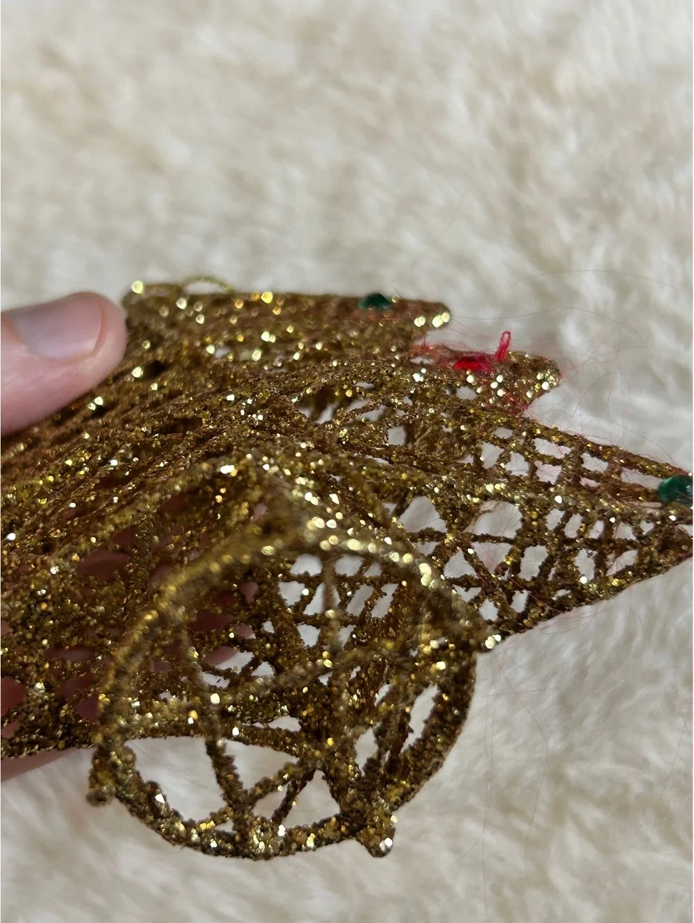 Gold Glitter Christmas Tree Ornament with Red and Green Beads
